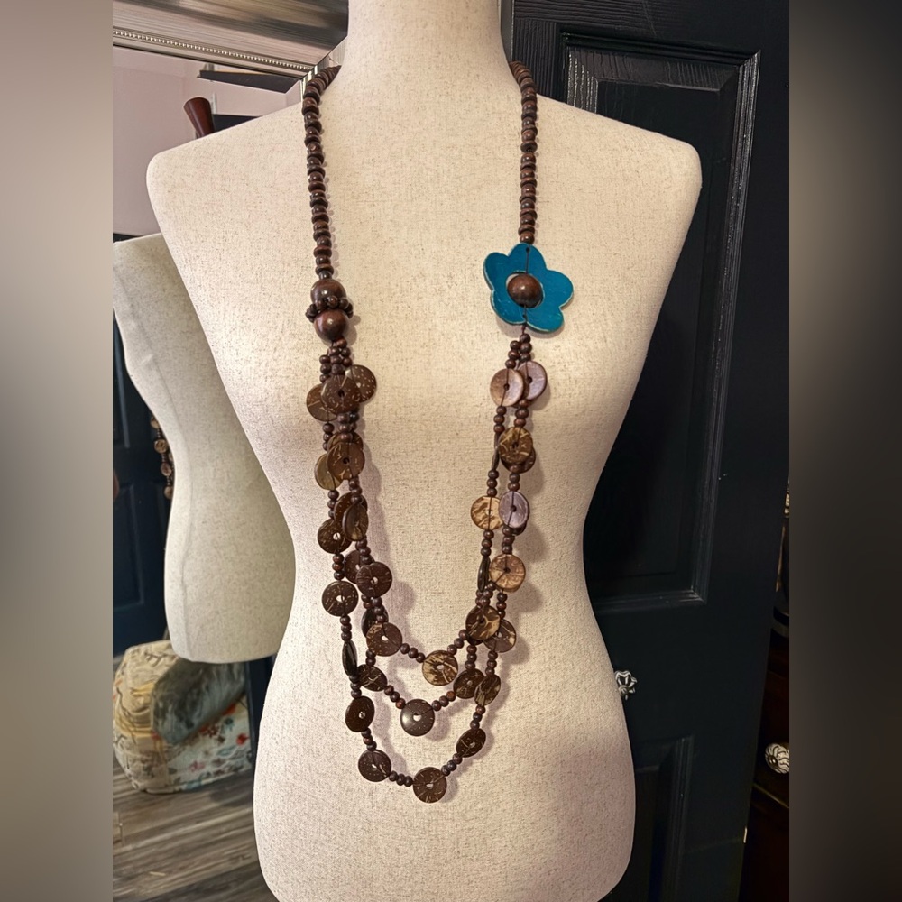 Brown and Blue Coconut Shell and Wood Beaded Necklace